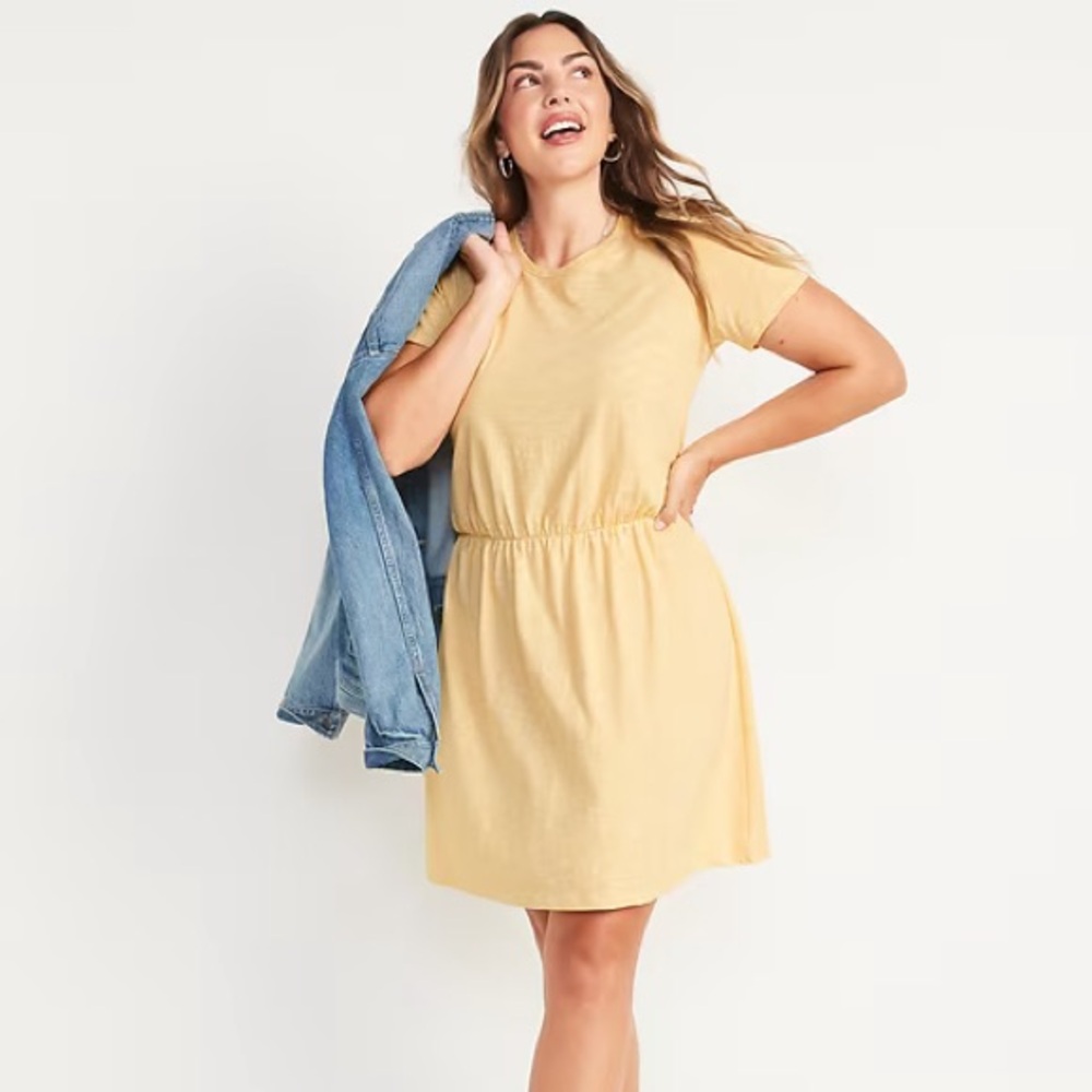 Old Navy Waist Defined Yellow Striped Slub Knit Mini Tshirt Dress
